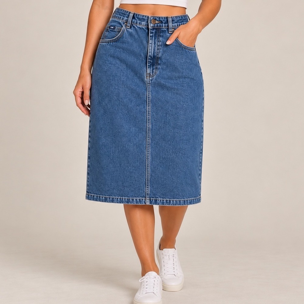 Lee Denim 90s Inspire Midi Skirt Blue Elastic Waist Back Slit Casual Classic 18W